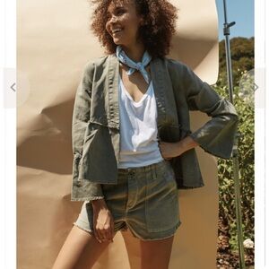 AMO DENIM FLOUNCE JACKET GREYISH GREEN Open Front Frayed Hem Revolve Sz S